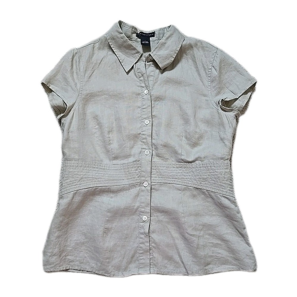 Madison Studio Top Size 8 Button Fitted Blouse 100% Linen Beige Tan Khaki
